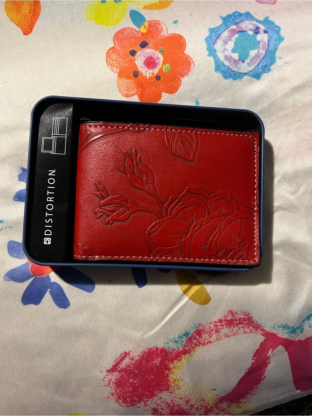 Distortion Red Embossed Leather Card & Key Holder